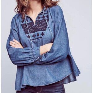 Ne Quittez Pas Anthropologie Denim Shirt Women Medium Blue Embroidery Boho